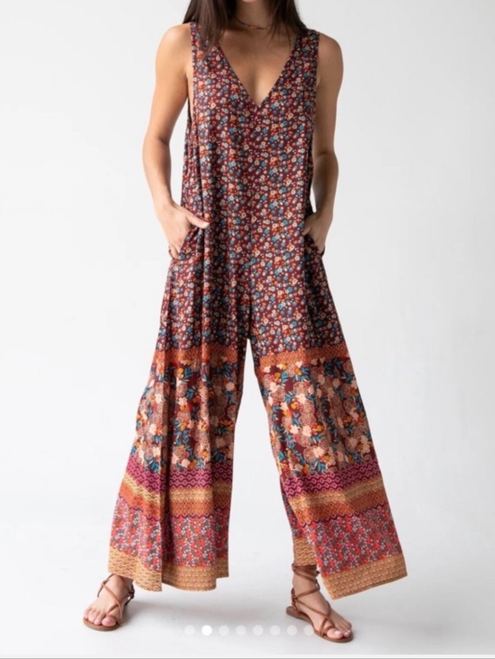NATURAL LIFE Let's Just Go Rust Floral V-Neck Wide-Leg Jumpsuit